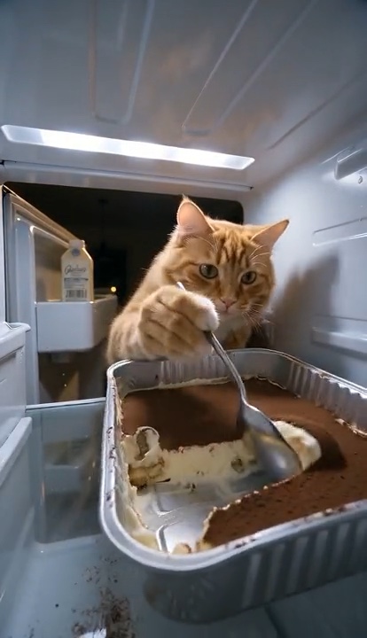 An orange tabby cat holding a spoon over tiramisu inside an open fridge.