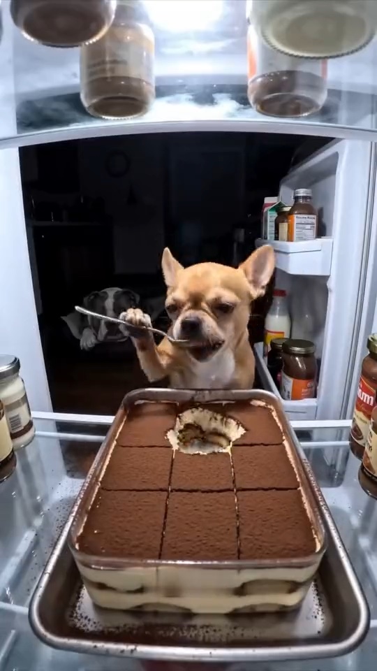 A Chihuahua with a spoon reaching for tiramisu while another dog watches.